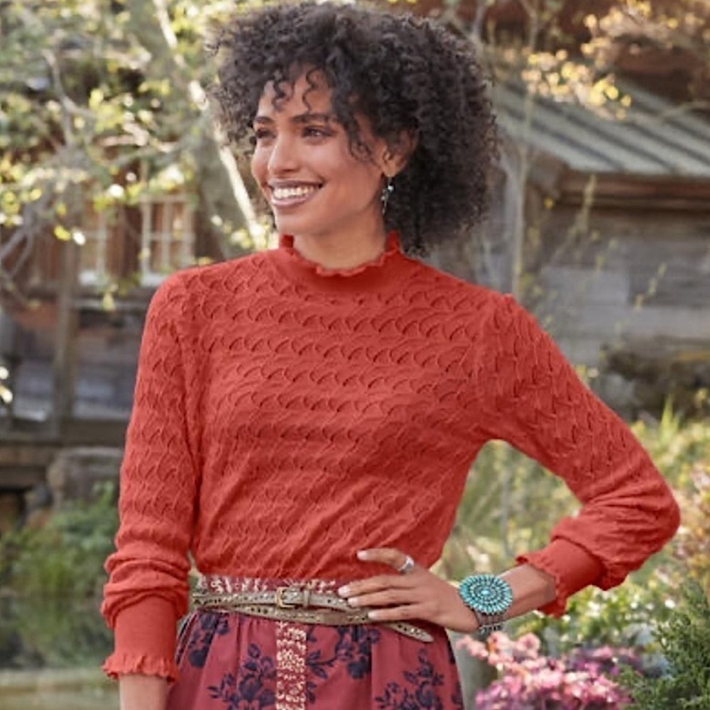 Sundance Frances Ruffle Turtleneck Sweater Scallop Pointelle Knit Rust‎ Orange M